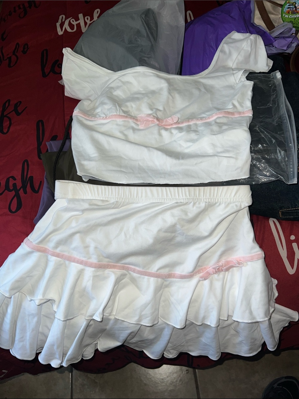 White Two-Piece Ruffle Skirt Set with Pink Trim